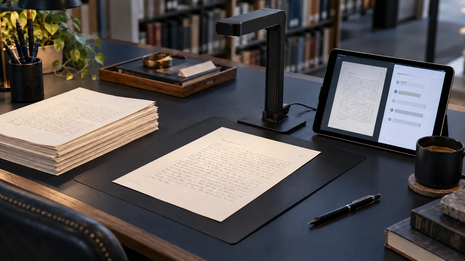 Illustration of academic answer sheets, a scanner and an assessment tablet