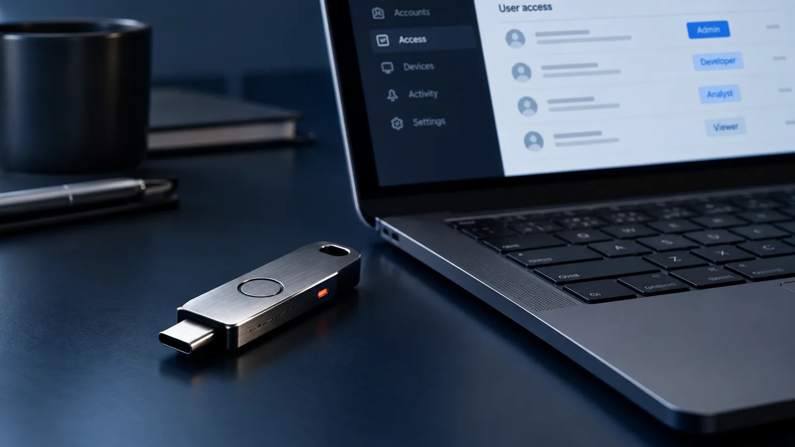Illustrative authentication key and software access-management workspace
